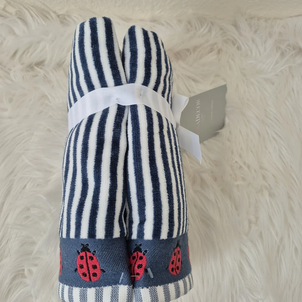 NEW Kassa Decor 100% Cotton Lady Bug Blue Striped 2pc Soft Hand Towel set